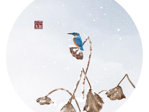 【中国风插画】冬季枯荷与翠鸟