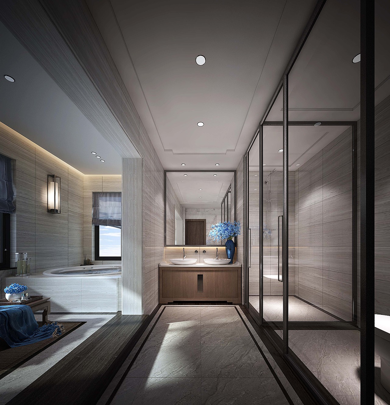 卫生间着重于实用、典雅与品味。在呈现精简线条同时,又蕴含奢华感,通过异材质的搭配,并朝向“人性化”的表现方式进展。用简单的几何造型,丰富的光影吸引人们的目光。