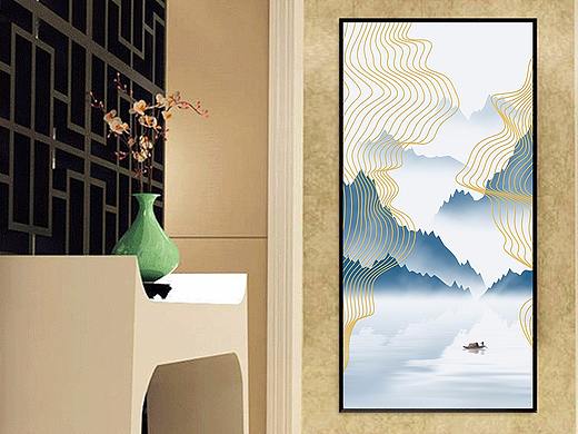 现代简约新中式水墨山水金色线条玄关装饰画背景墙壁画