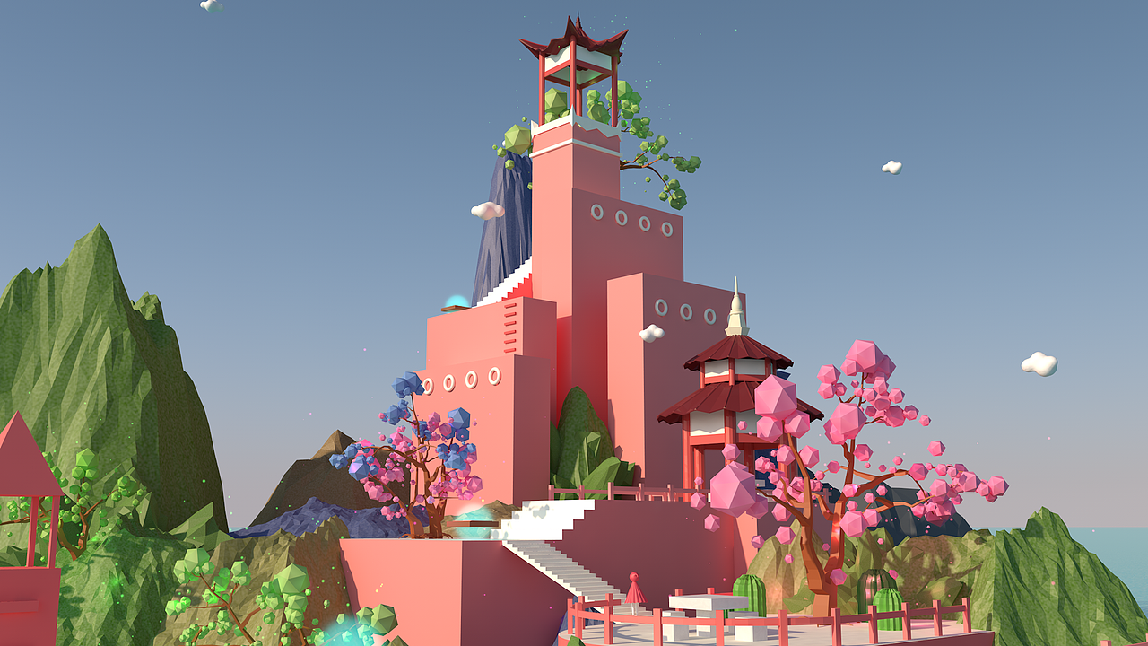 一组由中国山水-纪念碑谷插画搭建的C4D作品