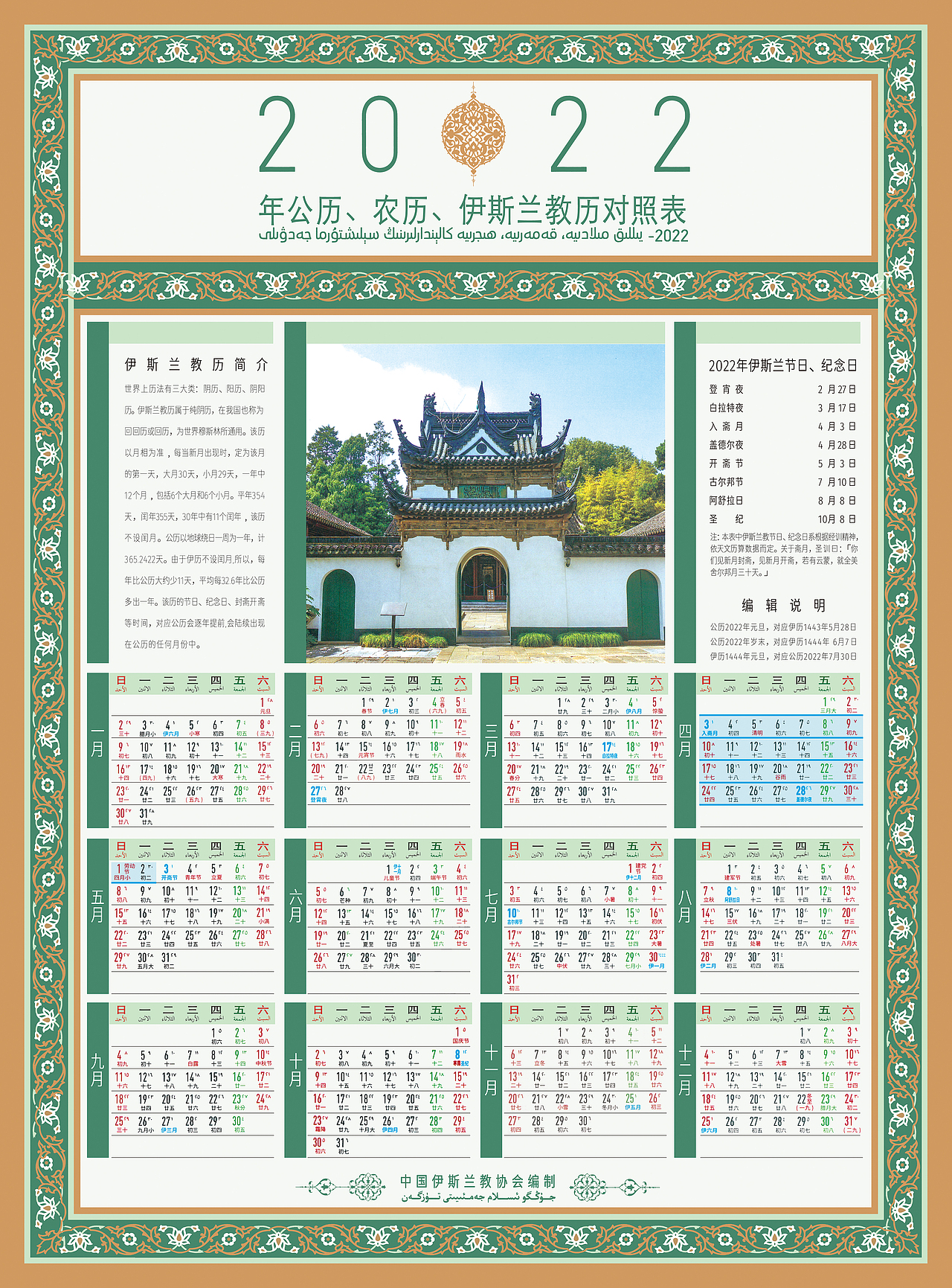 2022年公历,农历,伊斯兰教历对照表