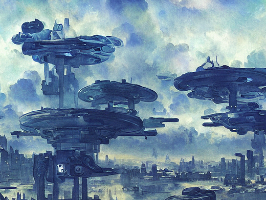 ai创作实验室#未来城市,天空有飞船,近处机器人