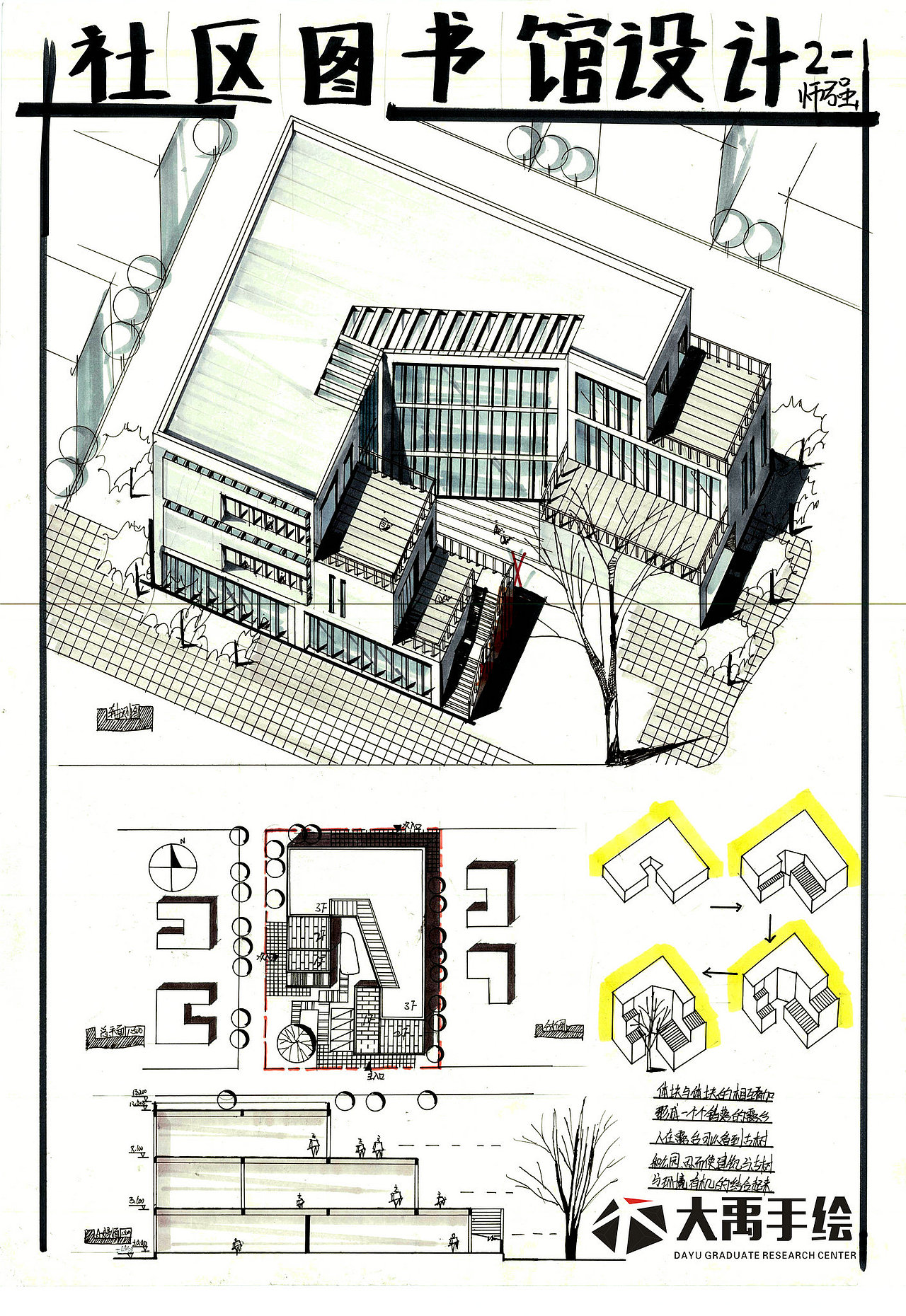 大禹精品建筑【社区图书馆设计】快题方案