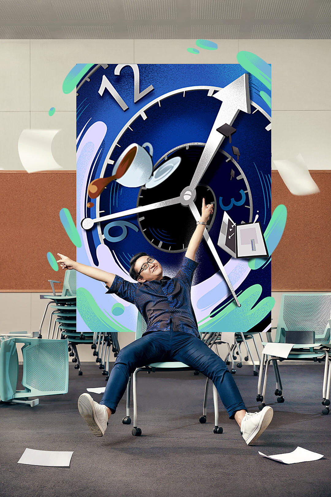 赵圆圆-现实生活中是手到擒来的创意灵感,“BGM”则是深夜的加班咖啡及电脑屏幕在时钟盘上旋转。