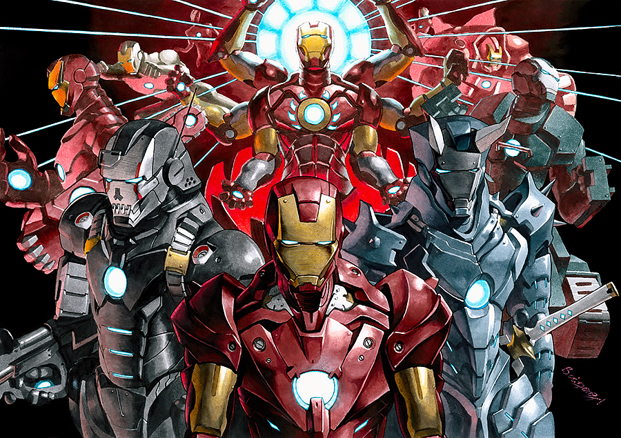 给本地第一届欧美主题漫展画的贺图,每一个盔甲都是围绕着钢铁侠的