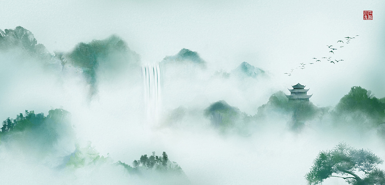 中国风绿色山水画