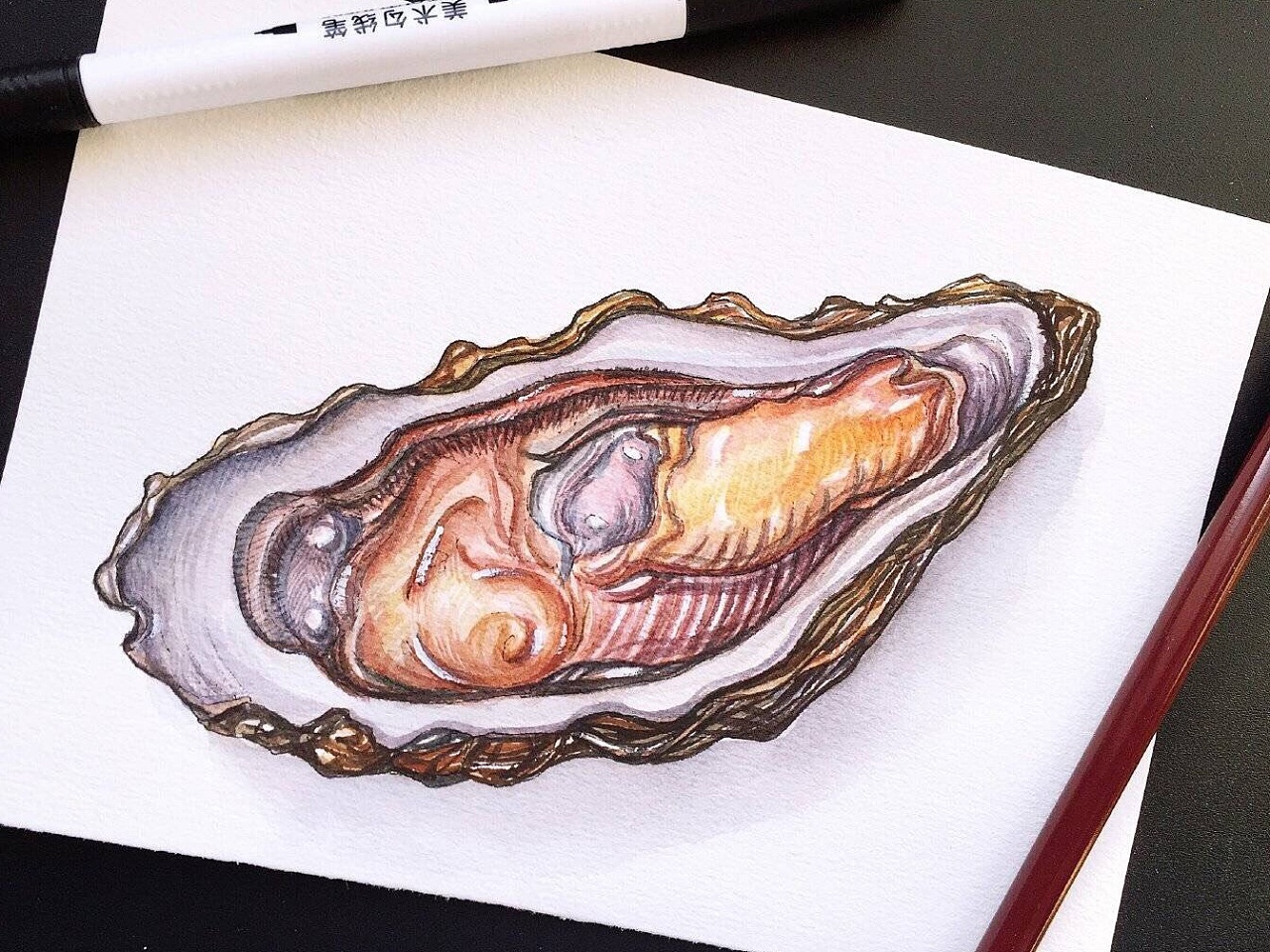 水彩手绘烤生蚝