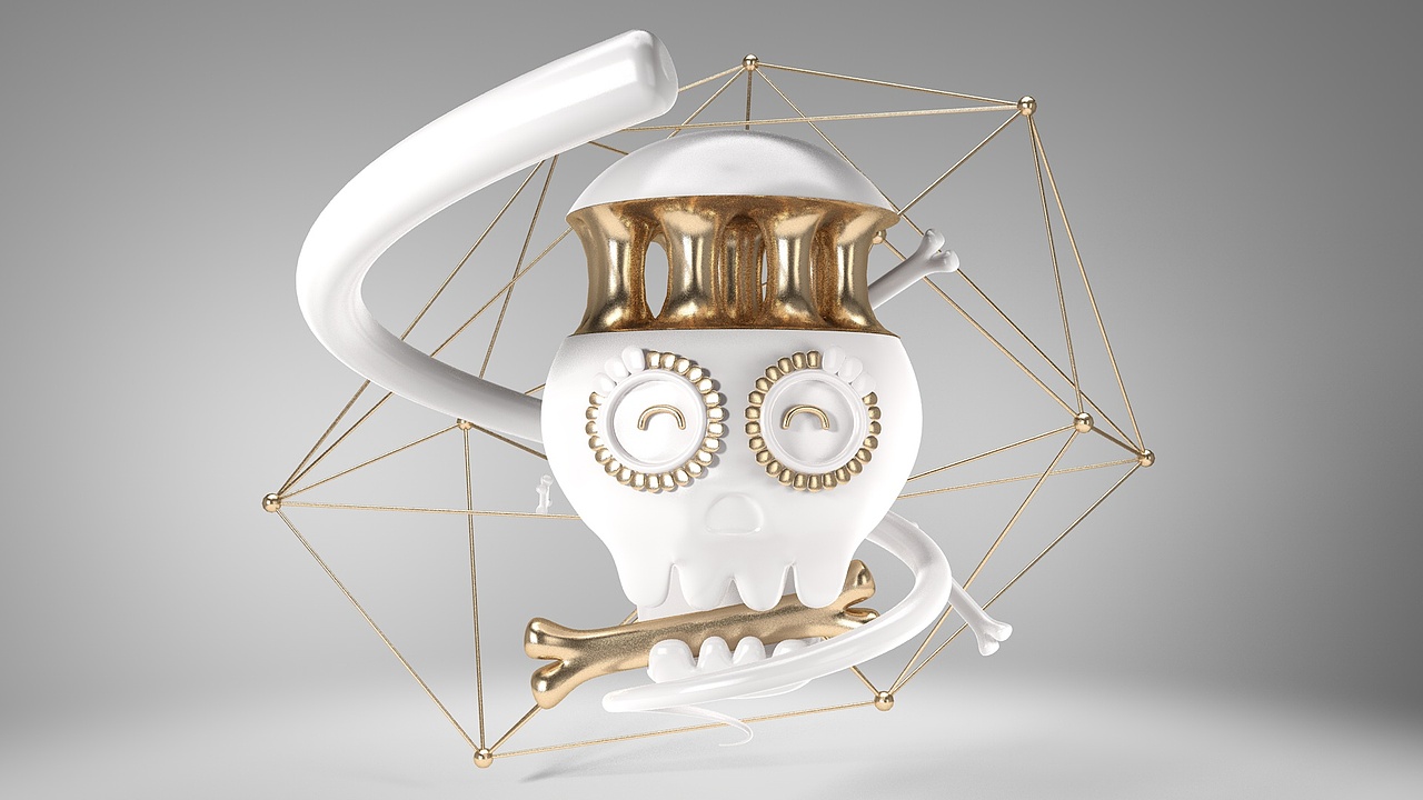 c4d可爱骷髅头-类瓷器材质-磨砂金属