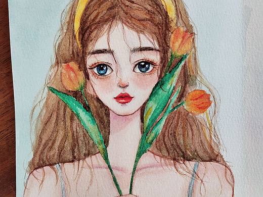 水彩手绘…郁金香少女