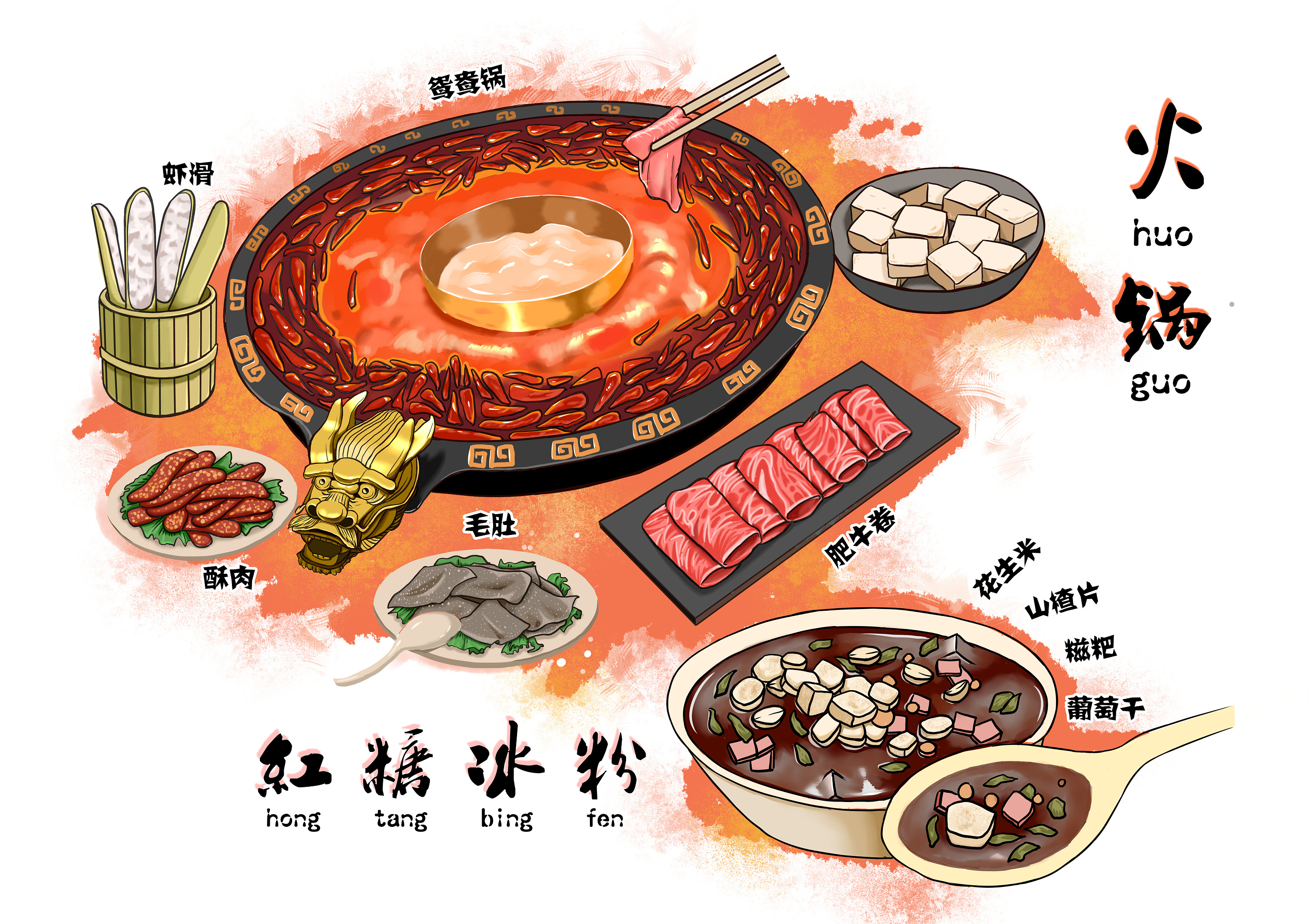 重庆特色小吃系列国潮风组合美食插画图片-千库网