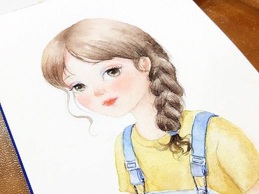 水彩扎麻花辫子的小女孩