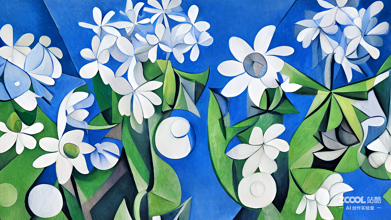 #AI创作实验室#立体主义，蓝色背景，米白色的花朵（图ZMzIxMDEzNzMy） - AI作品 - 站酷设计师程相生原创素材 - 站酷ZCOOL