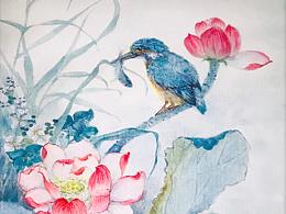 水彩練習 夏荷.翠鳥捕魚