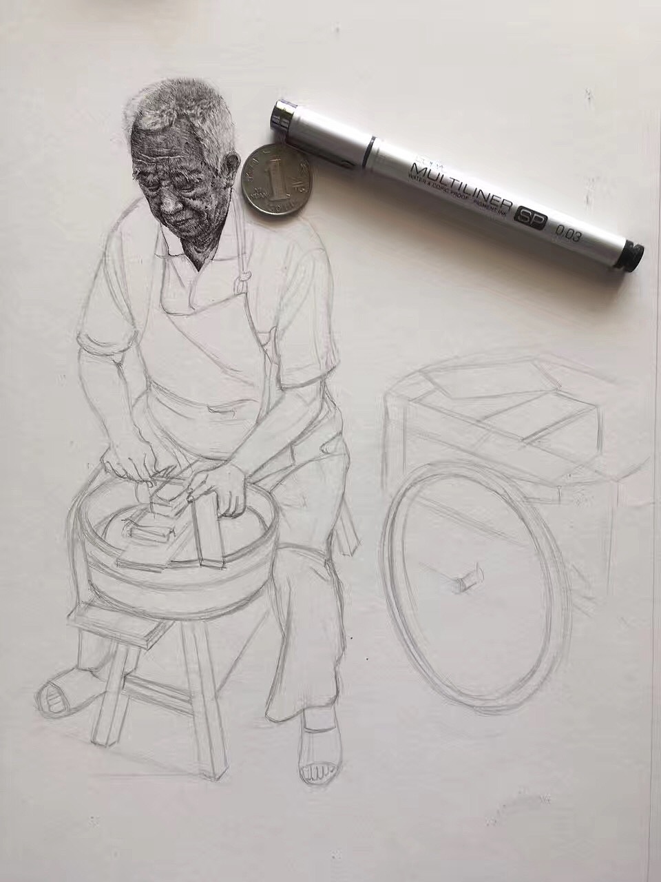 写实钢笔画人物磨刀匠