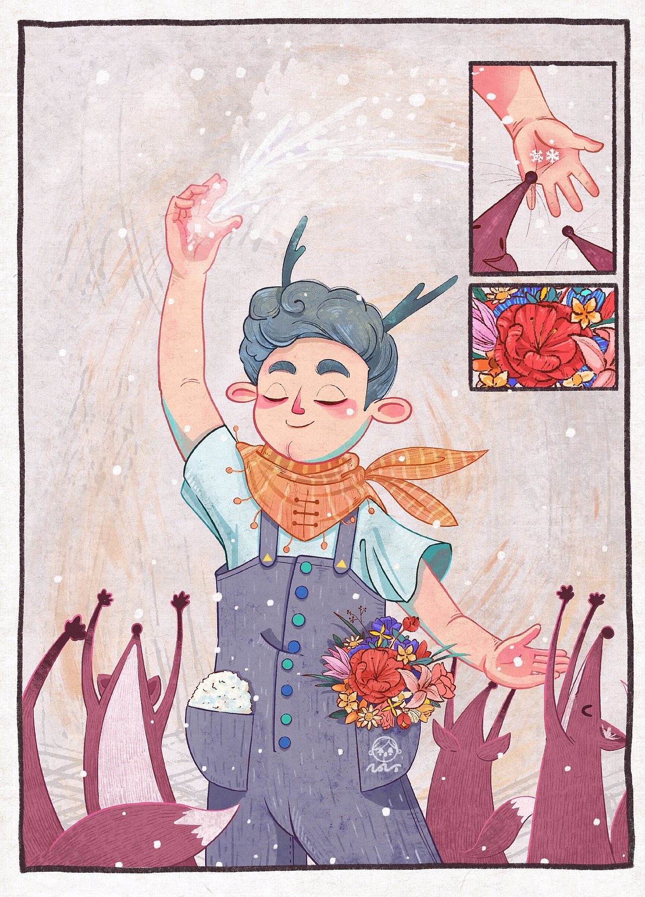 他左口袋装满了雪，右口袋开着春天的花（图ZMjc0MzAwNjEy） - 艺术插画 - 站酷设计师贰月丁原创素材 - 站酷ZCOOL