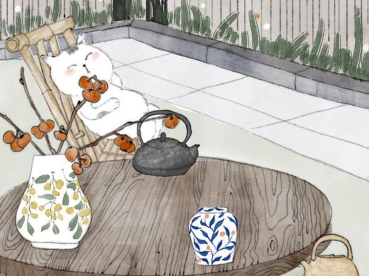 中式手绘插画-猫肥家润