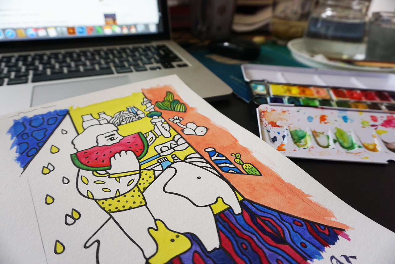 夏日西瓜手绘水彩插画