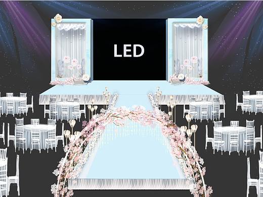 浅蓝色立体纸花拱门婚礼主仪式舞台设计效果图