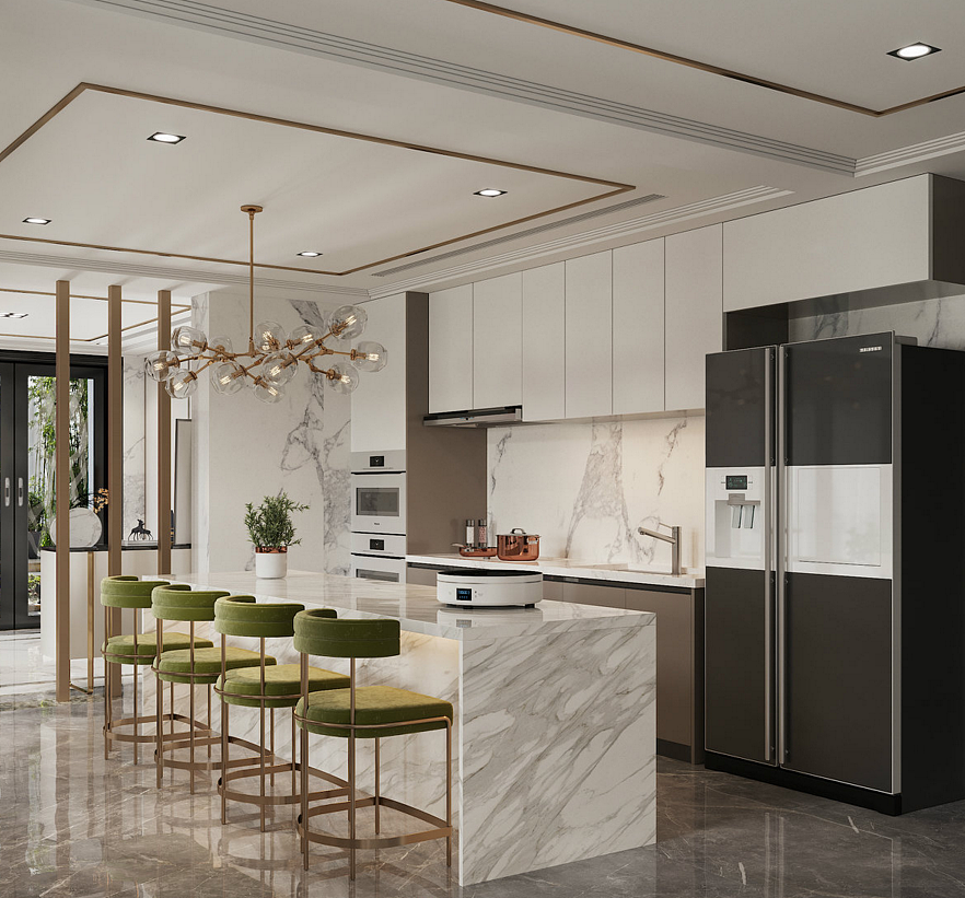 现代轻奢别墅客厅+餐厅