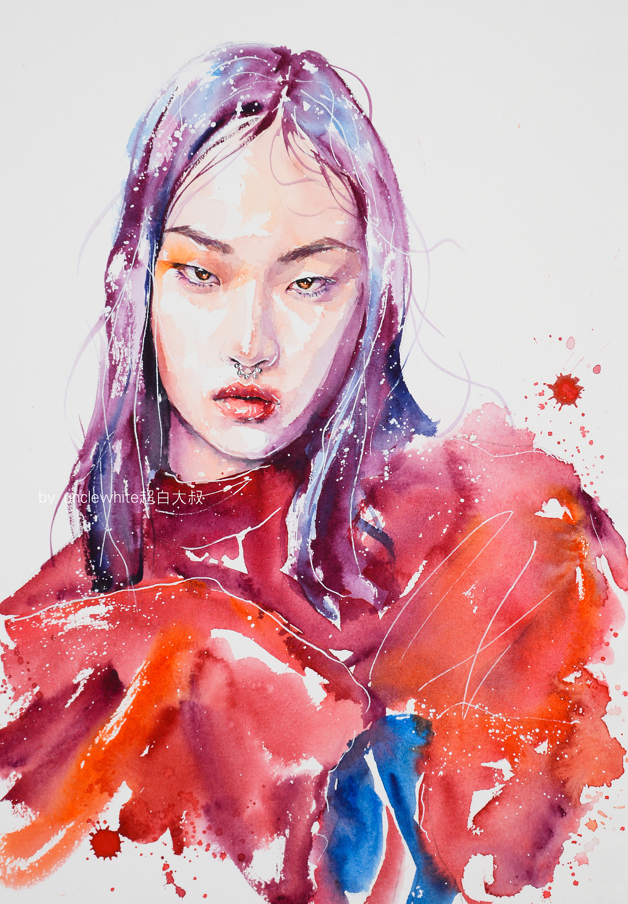 超白大叔作品:模特插图水彩人像