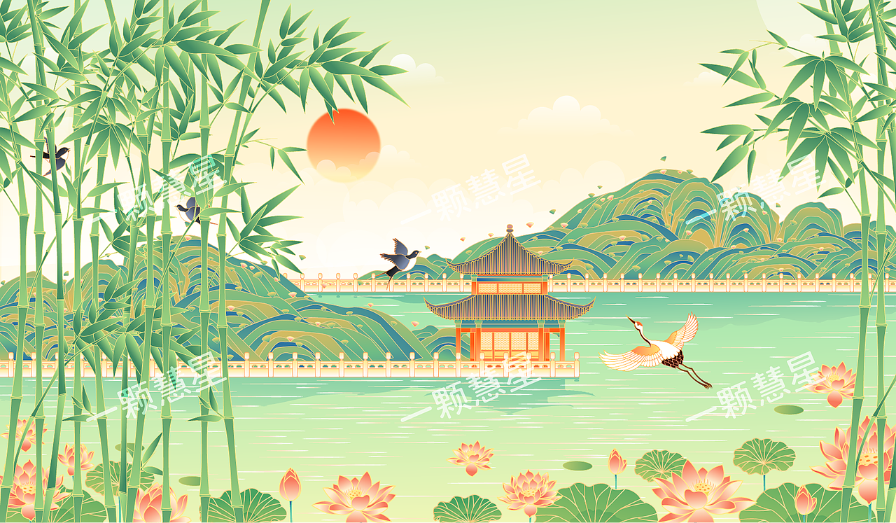 国潮风东方园林庭院建筑插画设计