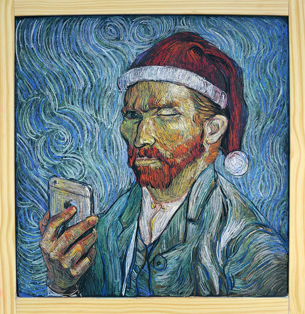 梵高《自画像》 其实是为了烘托圣诞节的气氛,给梵高加了帽子,手机(女