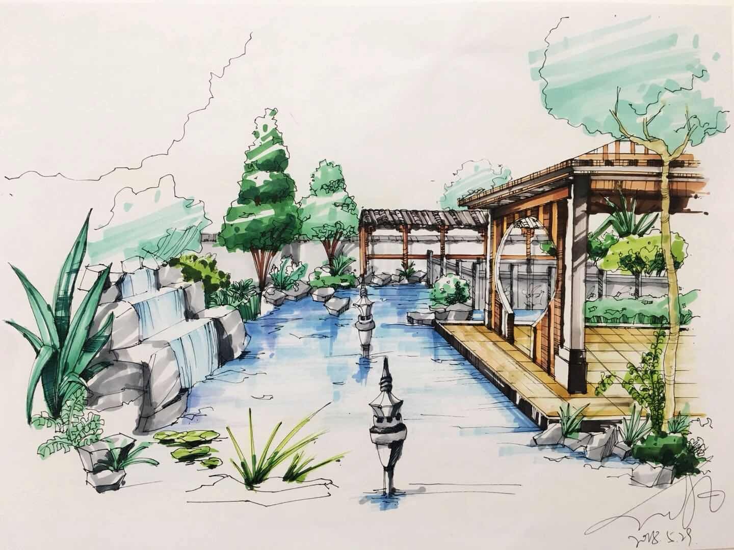 【青岛手绘】公园凉亭景观设计手绘 - 风景园林手绘表现