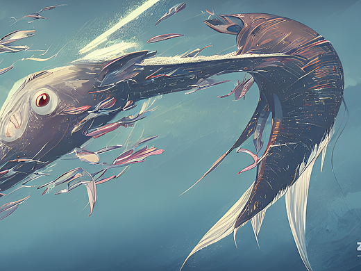 #AI创作实验室#飞鱼，动漫风，宏伟，机械，艺术，飞鸟