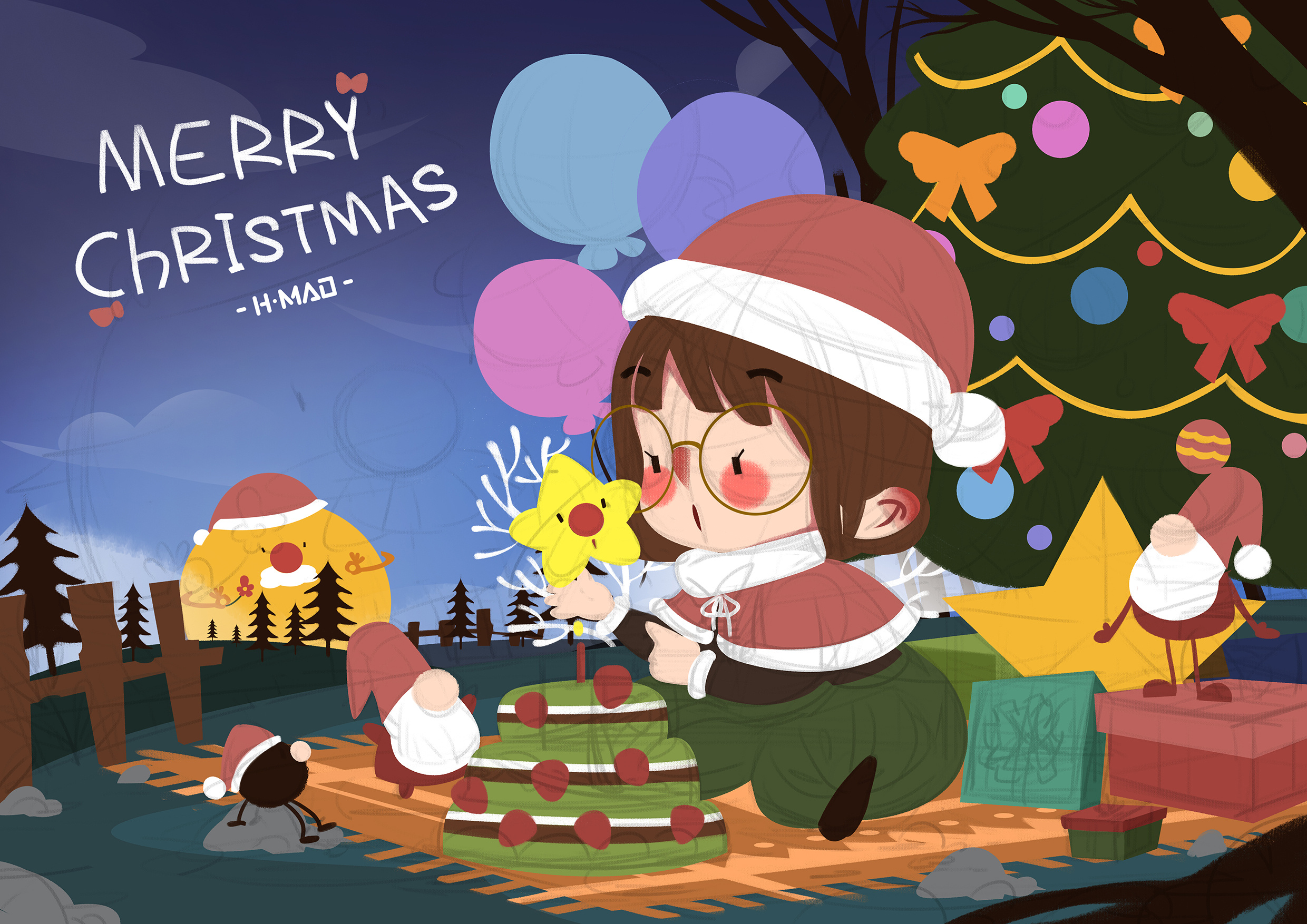 圣诞卡通圣诞节小朋友装饰圣诞树圣诞插画图片-千库网
