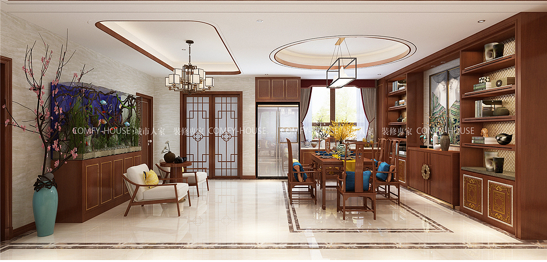 黄金山水郡四室两厅新中式风格装修效果图,宽敞明亮