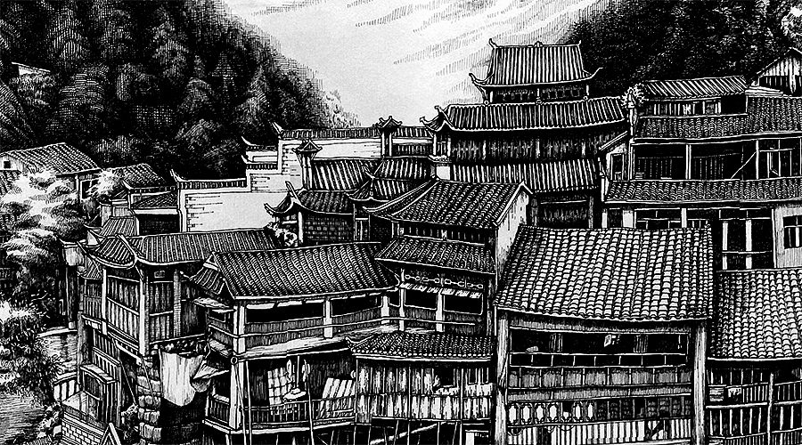 凤凰古镇掠影-钢笔画