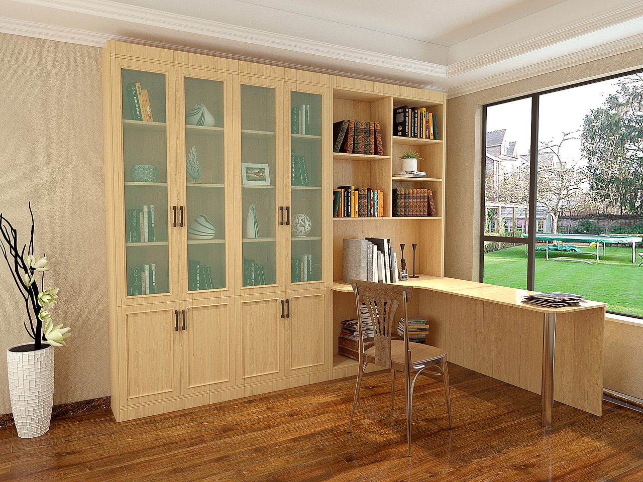 整体家具定制——简约现代l型书桌加书柜