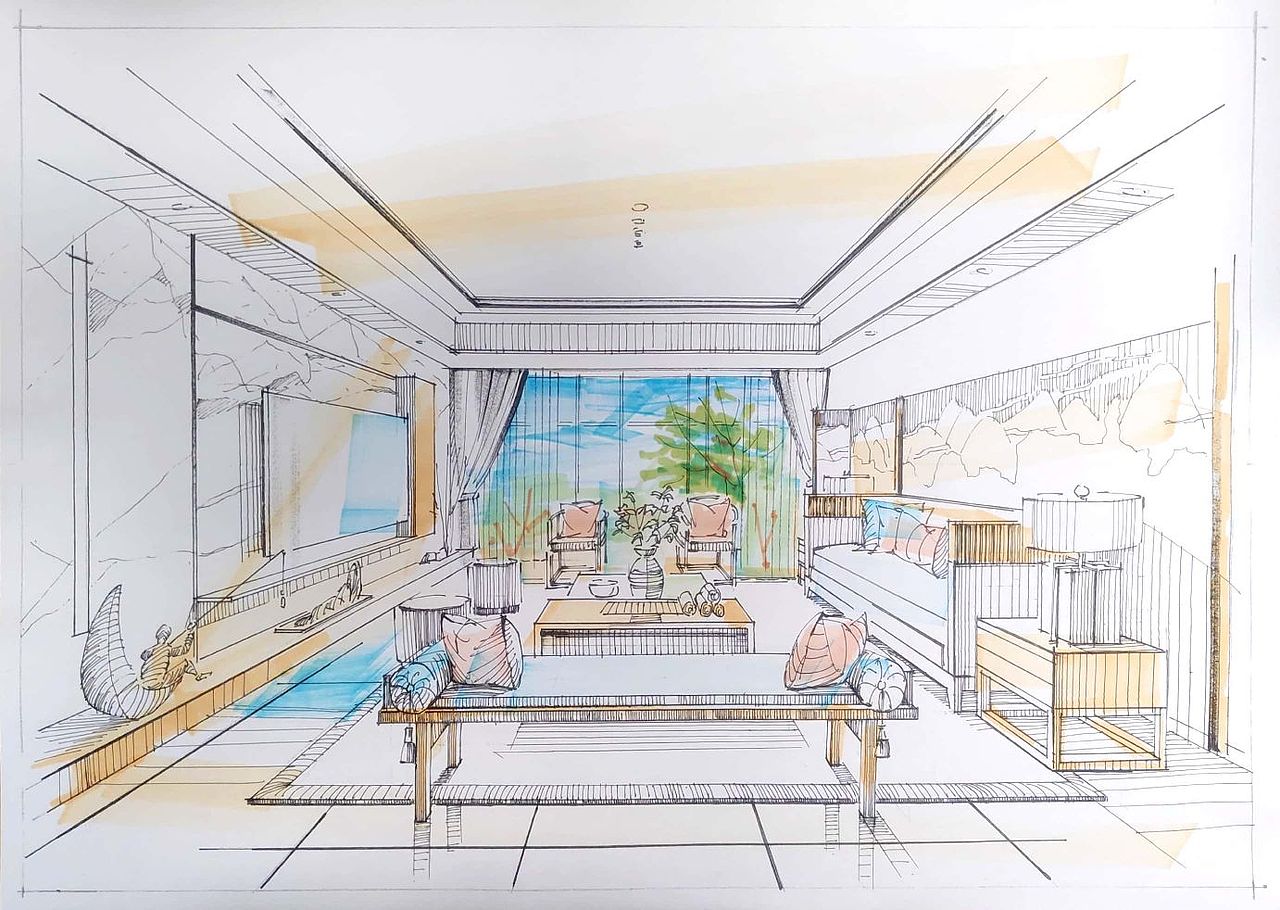 室内空间设计手绘示范（图ZMzM2NTczMDg0） - 家装设计 - 站酷设计师一叶手绘原创素材 - 站酷ZCOOL