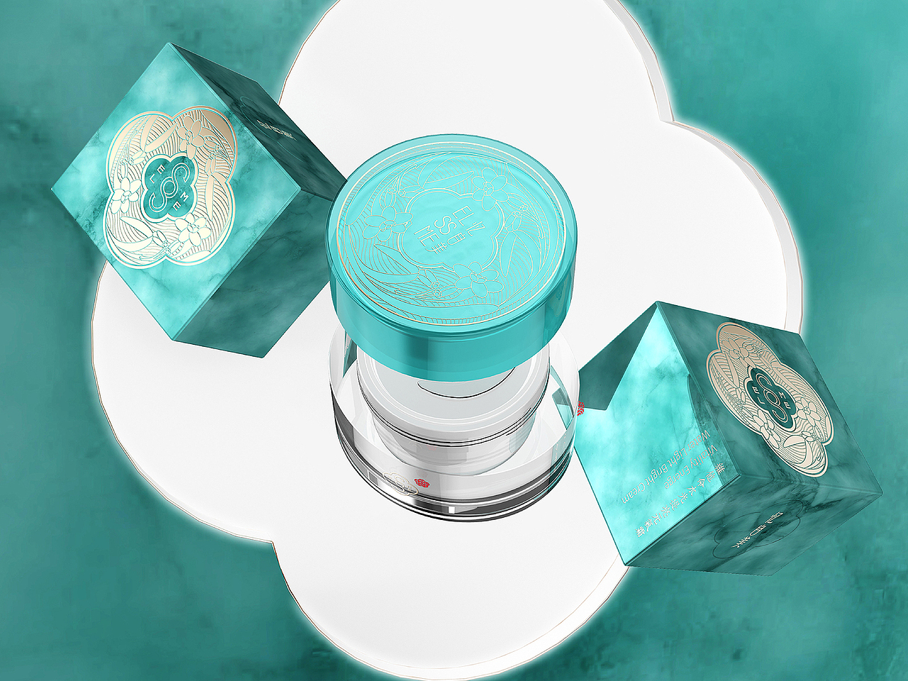 这一套产品就是用了我们中国的金镶玉的形式去做的。
这个产品是素颜来的,我们产品盖子上画的是水仙花,清香淡雅,与素颜的主题相契合