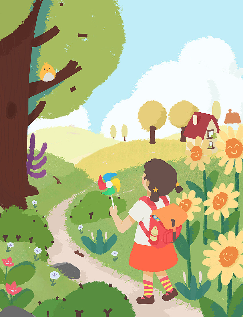 当空照,花儿对我笑,小鸟说早早早,你为什么背着小书包 原创  -  插画