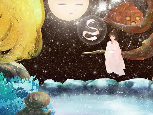 雪夜林中购物少女