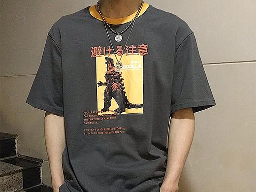 日系短袖t恤男夏季假两件复古文字恐龙印花潮牌情侣装