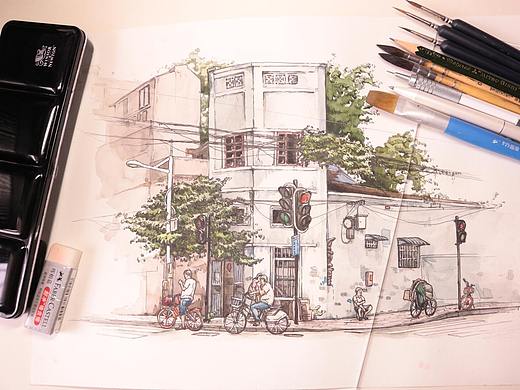 风景水彩写生广州街景