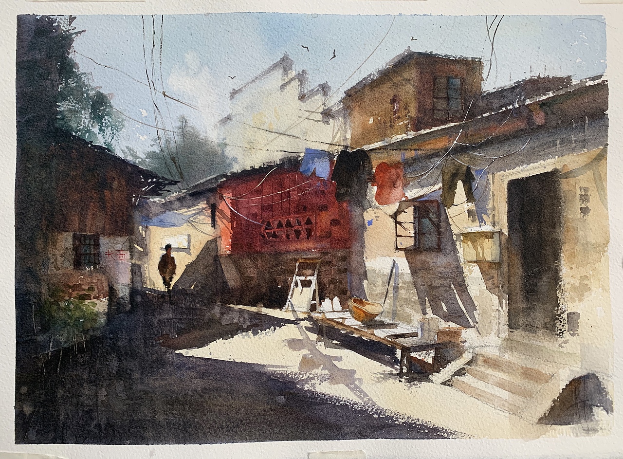 夏宇航水彩画《阳光下的村头》