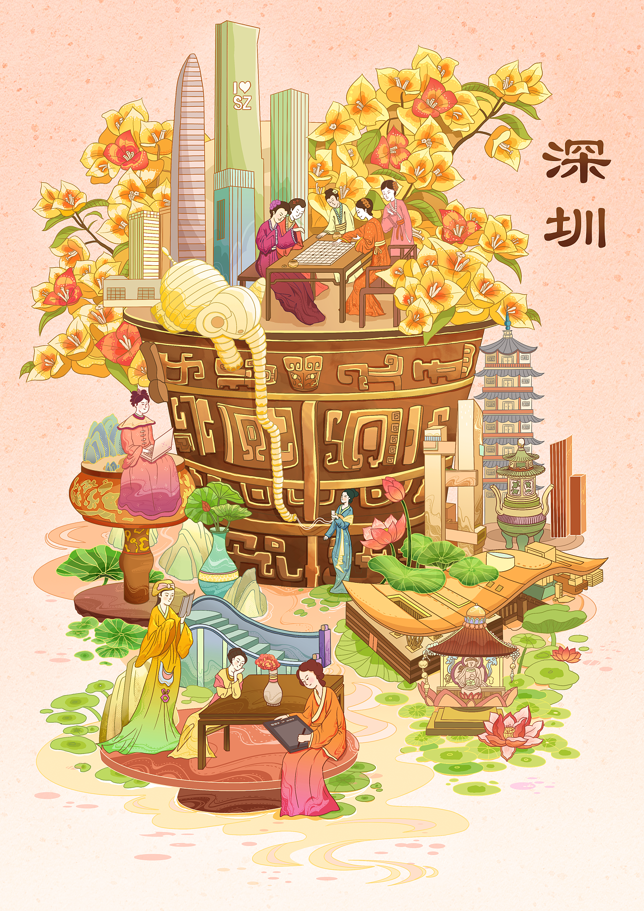 《器皿与城市—北京 广州 深圳 杭州》｜国潮插画