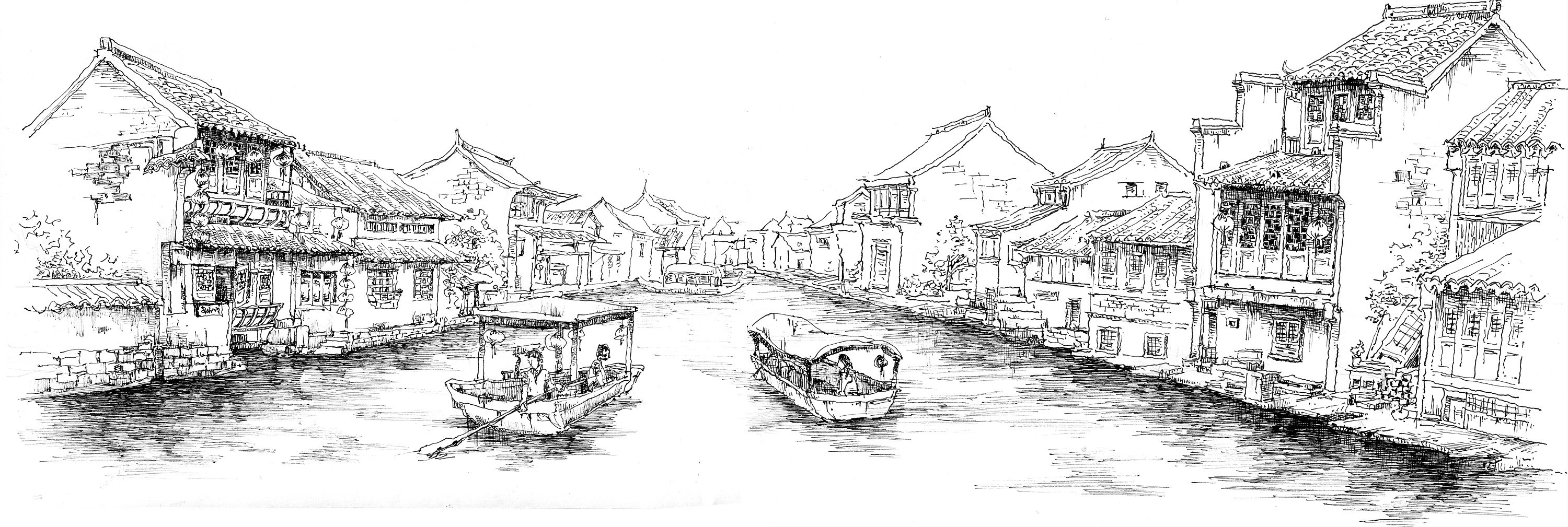 七宝古镇手绘图片