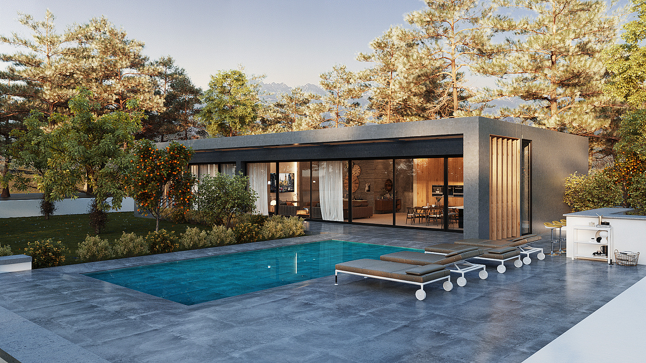 平层别墅设计 c4d效果图与实景的对比