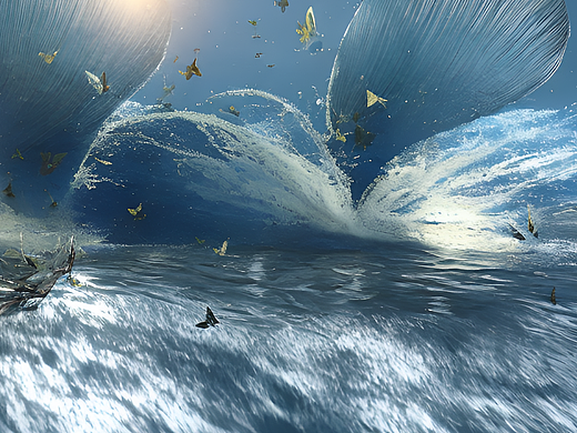 #站酷梦笔#海啸中飞翔的蝴蝶，超现实主义，电影场景，