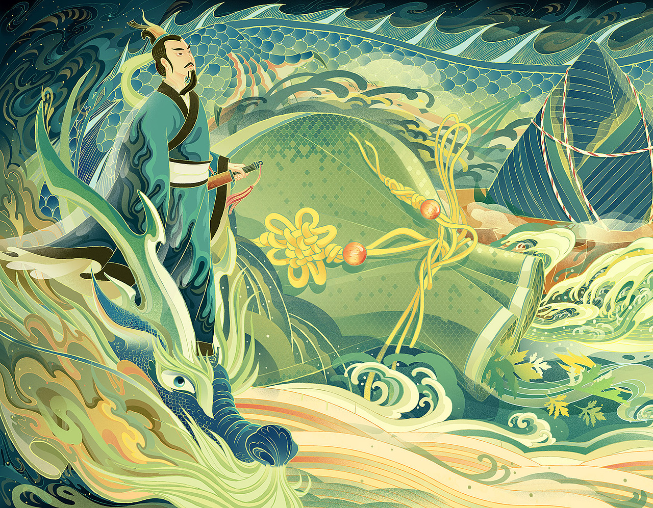 祥龙竞渡-端午节日插画长图