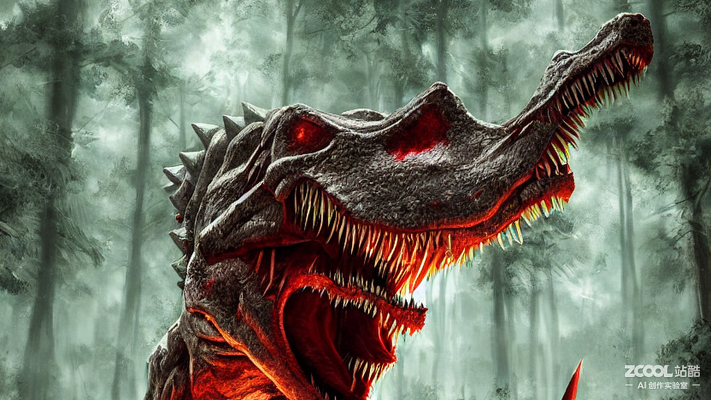 #AI创作实验室#恐龙怪兽张着血盆大口在森林（图ZMzE4OTkyNjIw） - AI作品 - 站酷设计师英尼克尔原创素材 - 站酷ZCOOL