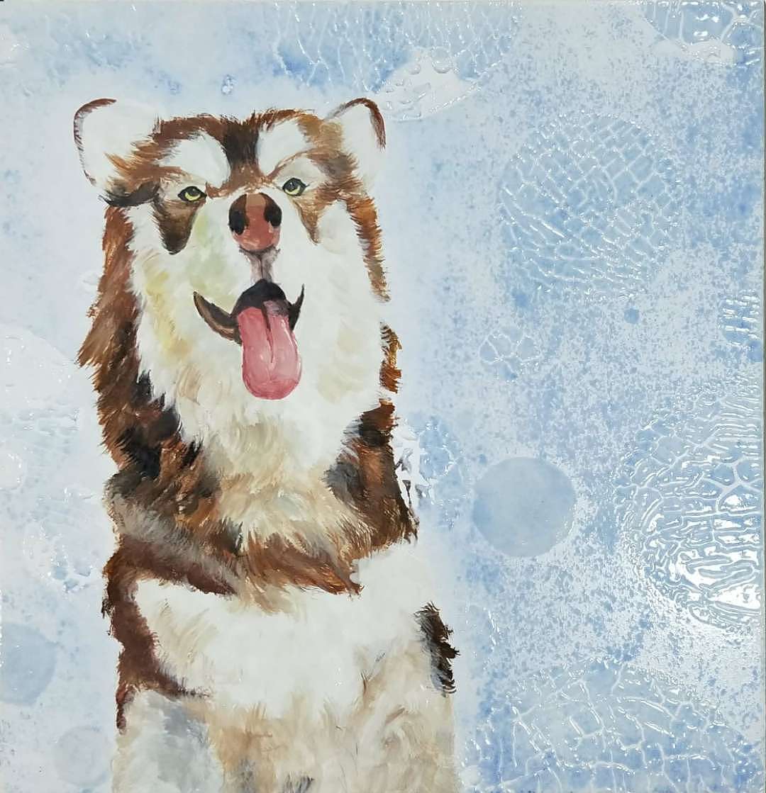 通过水粉的画将阿拉斯加身上毛的蓬松体现出来,在背景上以三种不同的