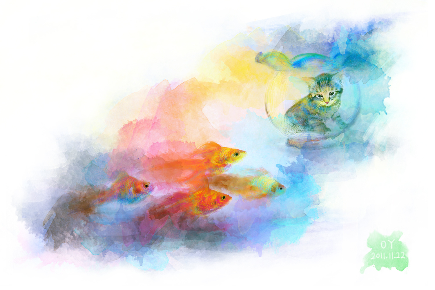 小橘猫和鱼的偶遇(小清新静态壁纸) - 静态壁纸下载 - 元气壁纸