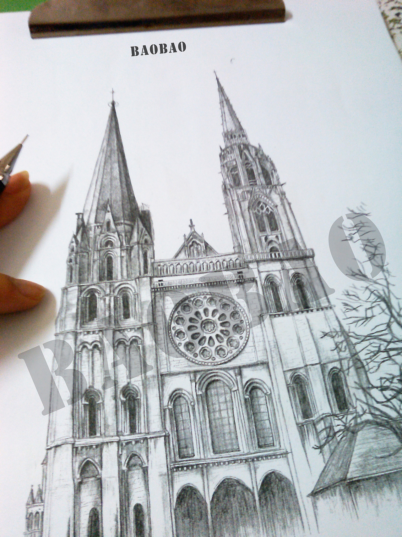 手绘教堂纹身图