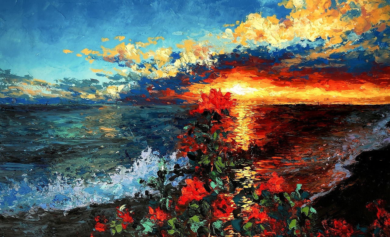 油画棒/落日与海