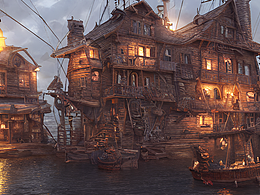 #AI创作实验室#海盗小镇，海盗建筑，高度详细，海盗环